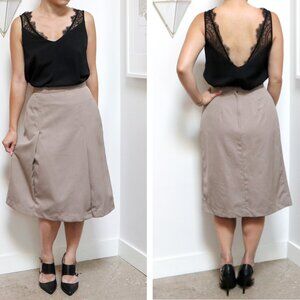 Vintage Khaki A Line Skirt, Classic Flared Cut w/ Tulip Pleats, Small Office